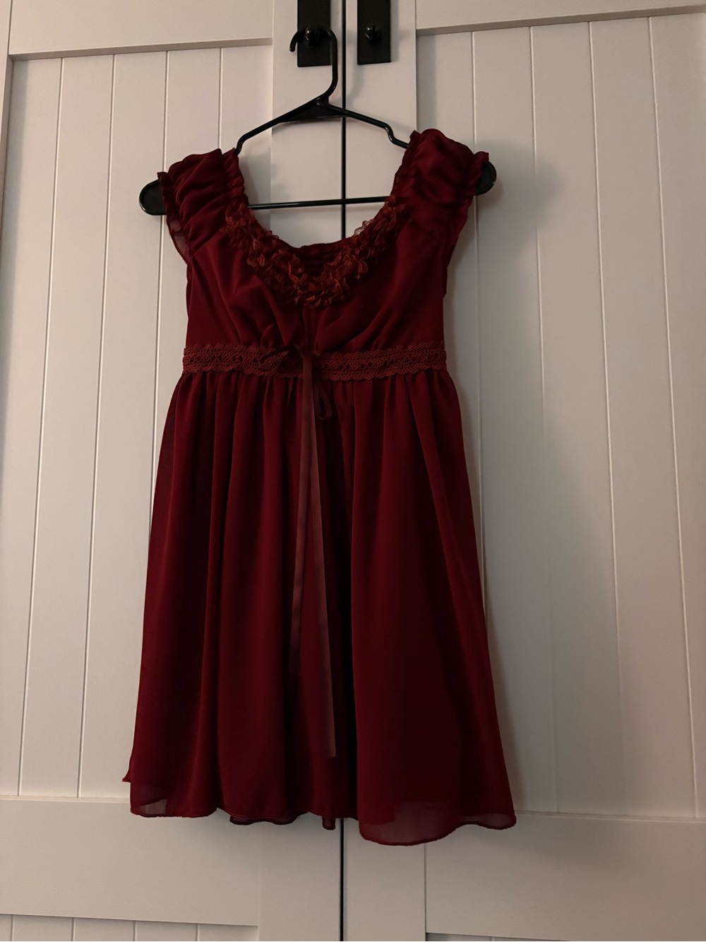 Women’s Burgundy Ruffle & Lace Waist Dress